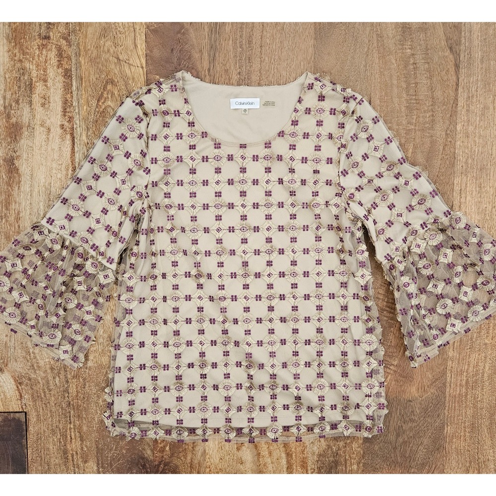 Calvin Klein Embroidered Mesh Top Blouse Women XS Beige Purple Bell Sleeves Boho
